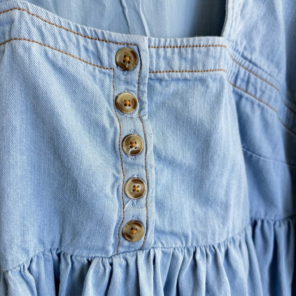 Anthropologie Blue Denim Square Neck Puff Sleeve Babydoll Dress Top 1X pockts - Picture 5 of 9